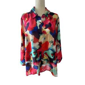 Ali Miles Top Multicolor Tunic Abstract Toggle Button Size 2X Lagenlook Artsy